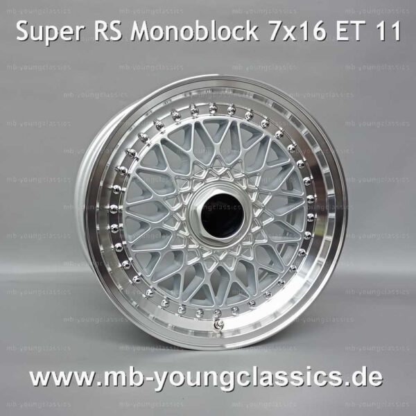 4 pcs  Super RS Mesh 7x16 ET 11 silver/diamond cut monoblock in split rim look for Mercedes R107, W108, W109, W110, W111, W112, W113, W114, W115, W116, W123, W126